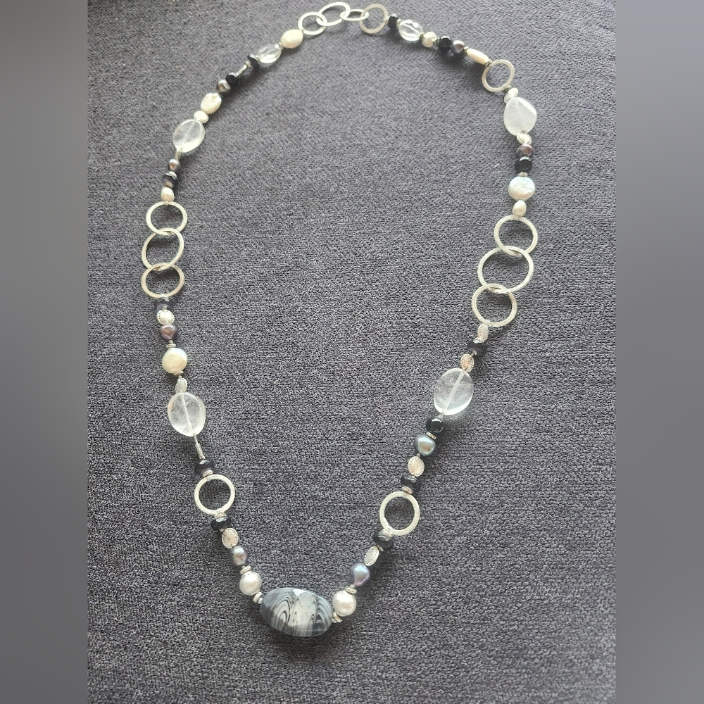 Stella And Dot Beaded Necklace with Silver, Crystal And Black Accents
